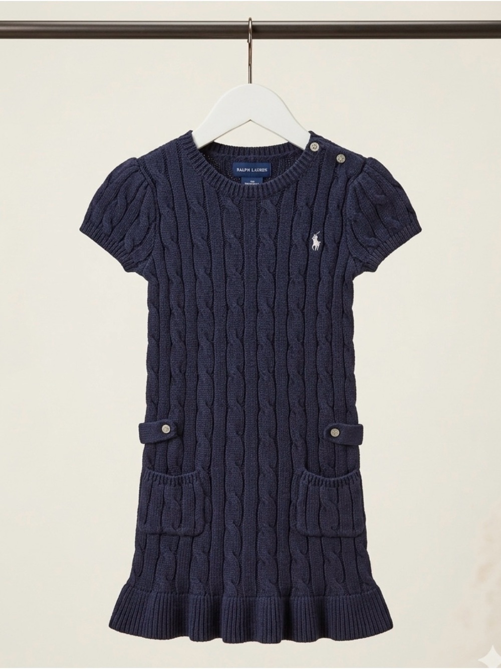Ralph Lauren Navy Cotton Blend Cable-Knit Short-Sleeve Dress, Girls 6.